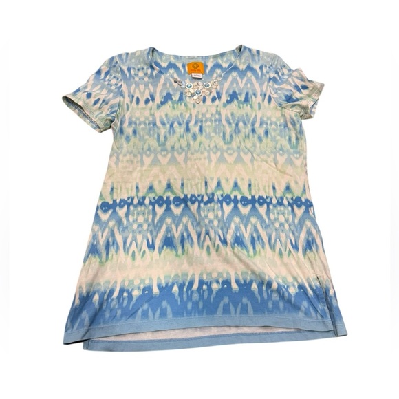 EUC Blue & White tie dye Ruby Rd Embellished neckline tee tropical resort boho S - Picture 1 of 5